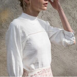 $325 Collectiva Concepcion Brena Top 100% Linen‎ Mock Neck 3/4 Sleeve Blouse 10